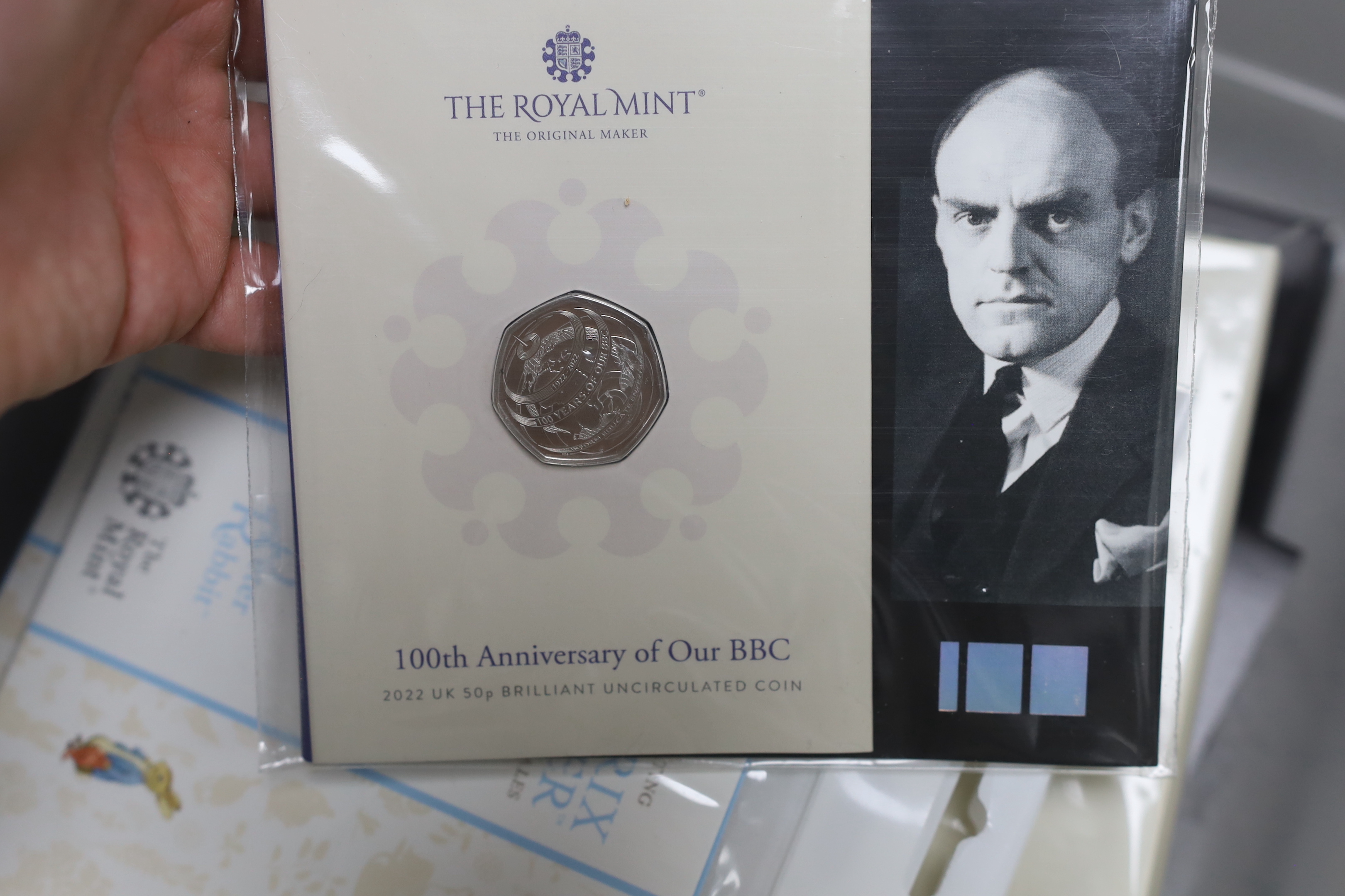 Royal Mint QEII and KCIII BUNC coins, including Beatrix potter 50p coins, Royal shield of arms 2008 year set, Queens reign and platinum jubilee £5, HM King Charles III, 1948 and 2020 3UK coinage collection etc.